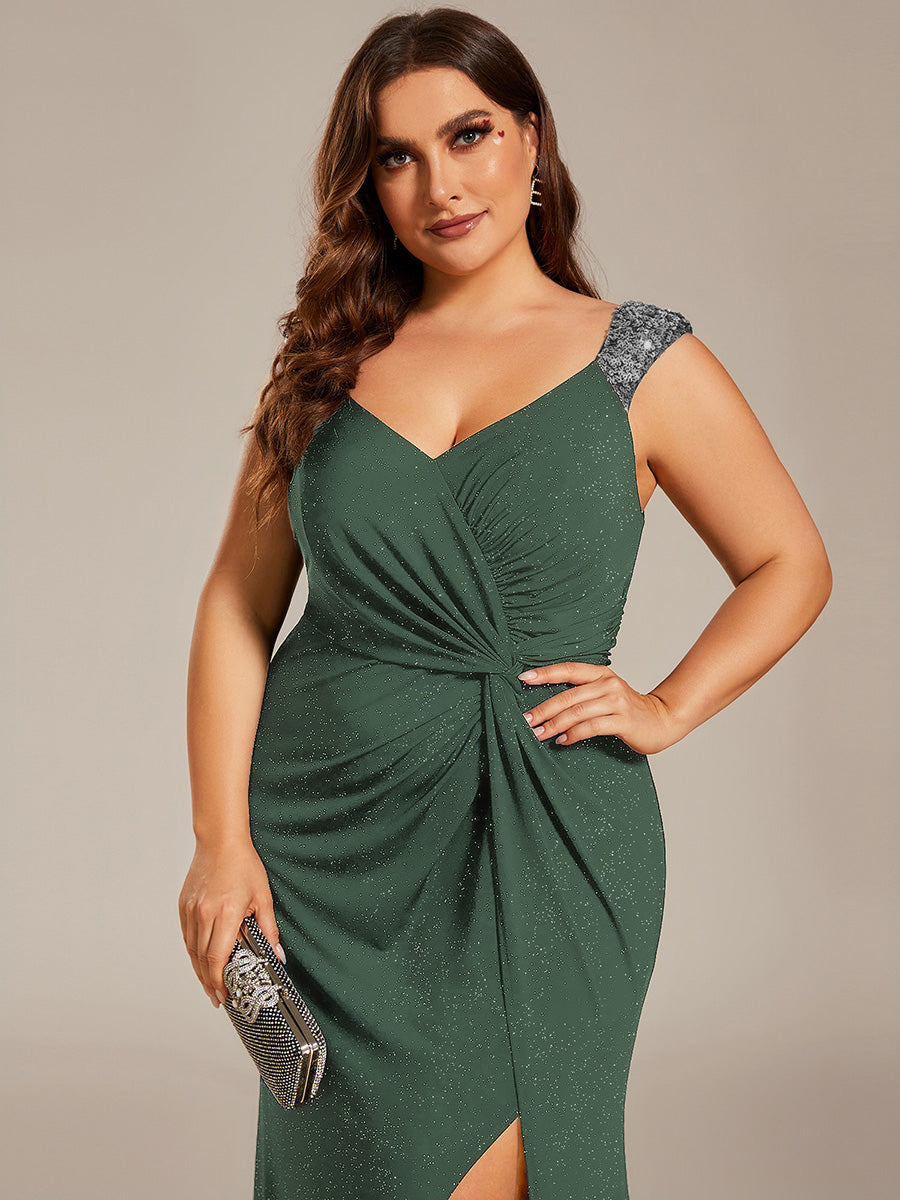 Glitter V-Neck High Slit Sequin Shoulder Strap Evening Dress #color_Eucalyptus
