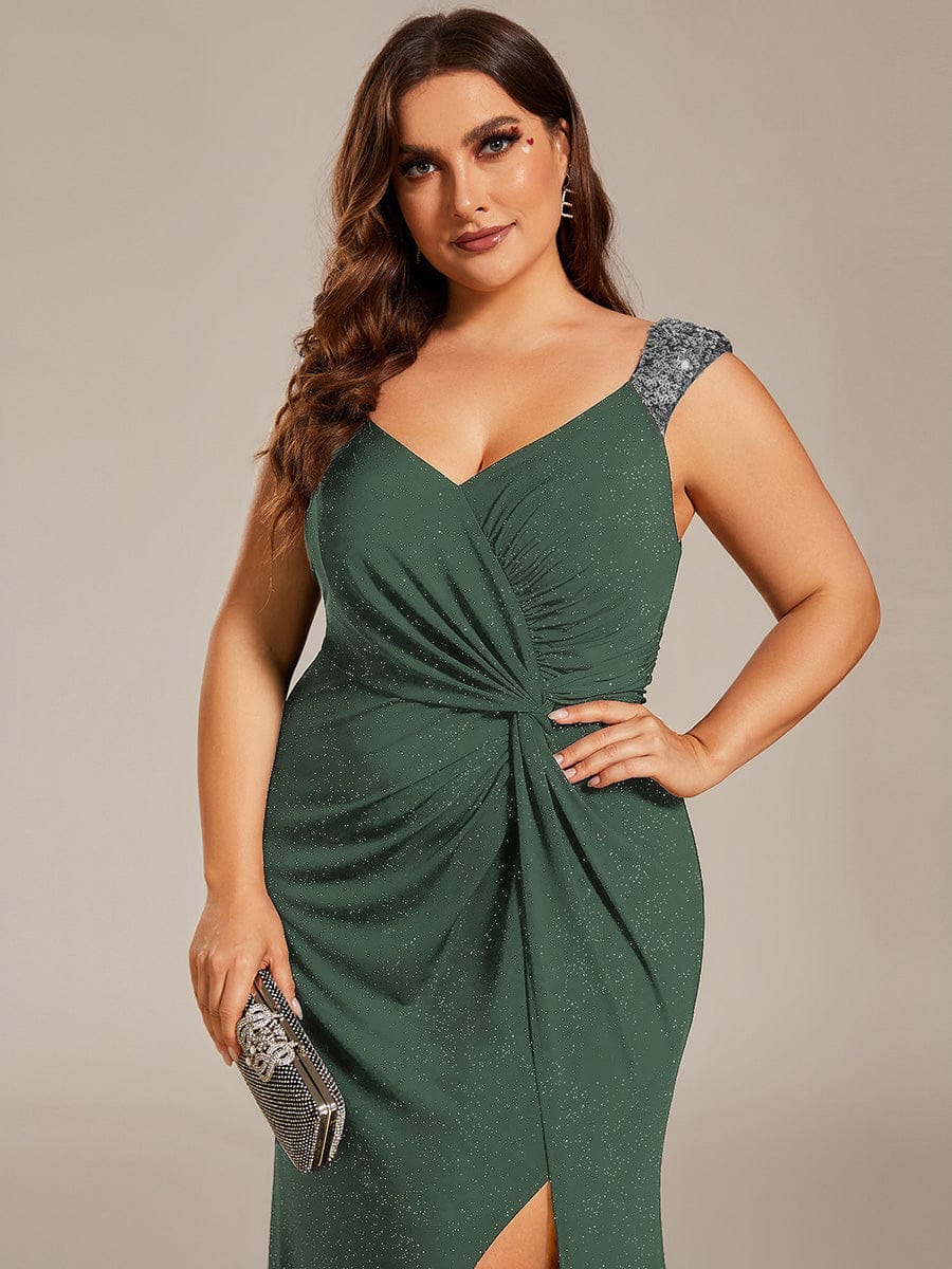 Plus Size Glitter V-Neck High Slit Sequin Shoulder Strap Evening Dress #color_Eucalyptus