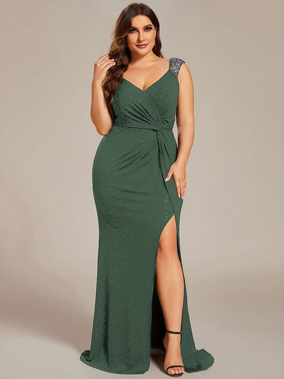pretty NOIRE|Plus Size Glitter V-Neck High Slit Sequin Shoulder Strap Evening Dress