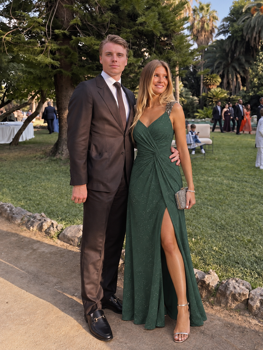 Glitter V-Neck High Slit Sequin Shoulder Strap Evening Dress #color_Eucalyptus