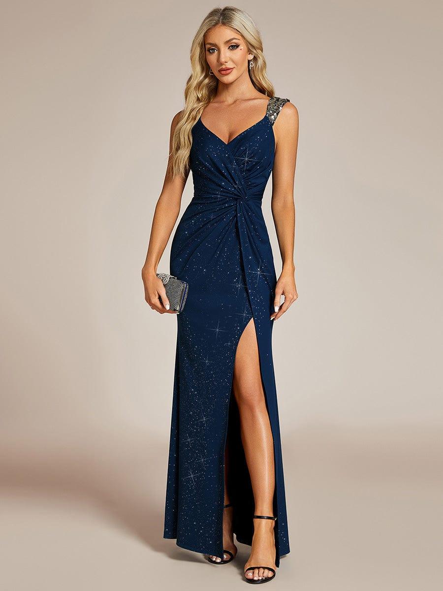 Glitter V-Neck High Slit Sequin Shoulder Strap Wedding Guest Dress #color_Navy Blue