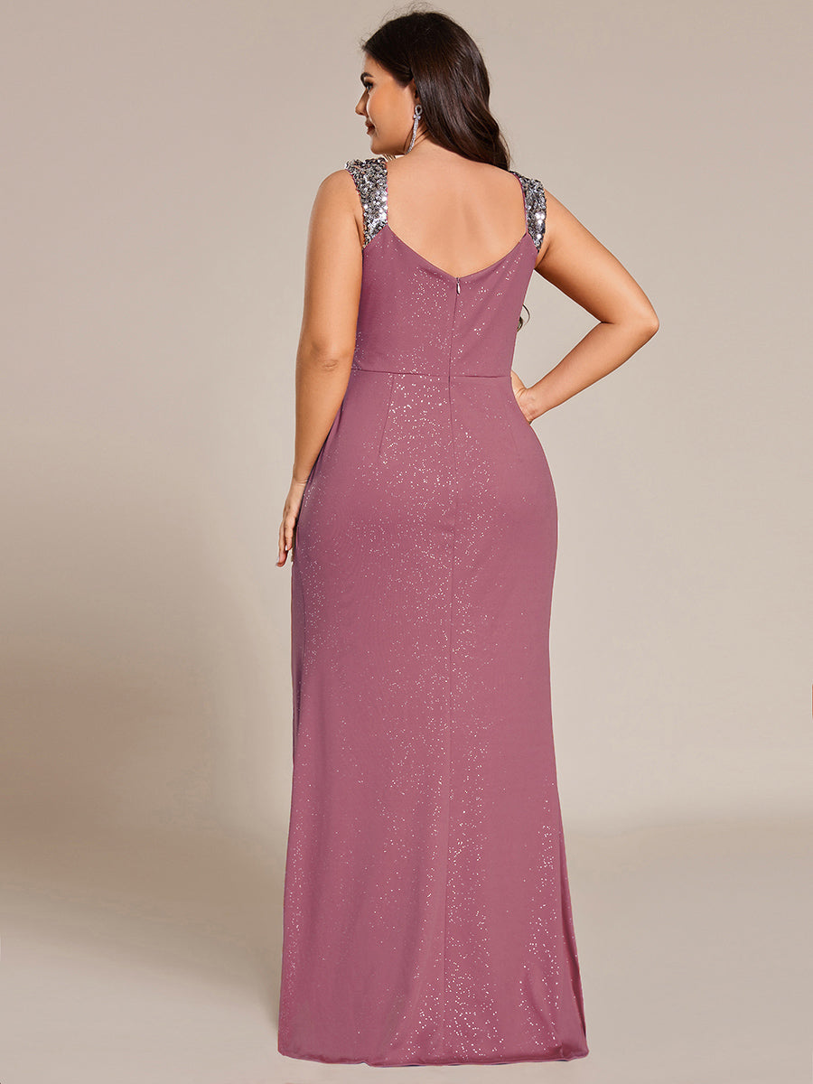 Plus Size Sequin Shoulder Strap Wedding Guest Dress with Side Slit #color_Purple Orchid