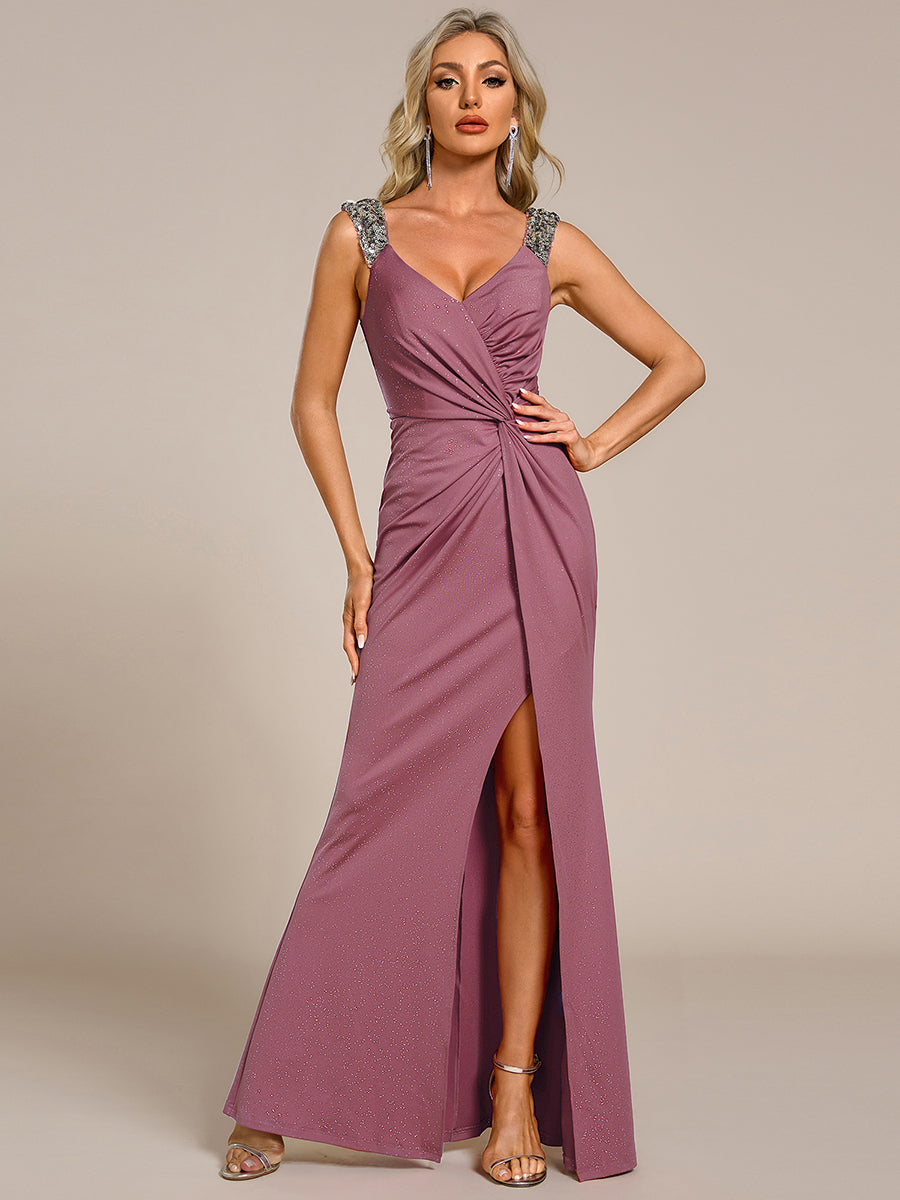 Glitter V-Neck High Slit Sequin Shoulder Strap Evening Dress #color_Purple Orchid