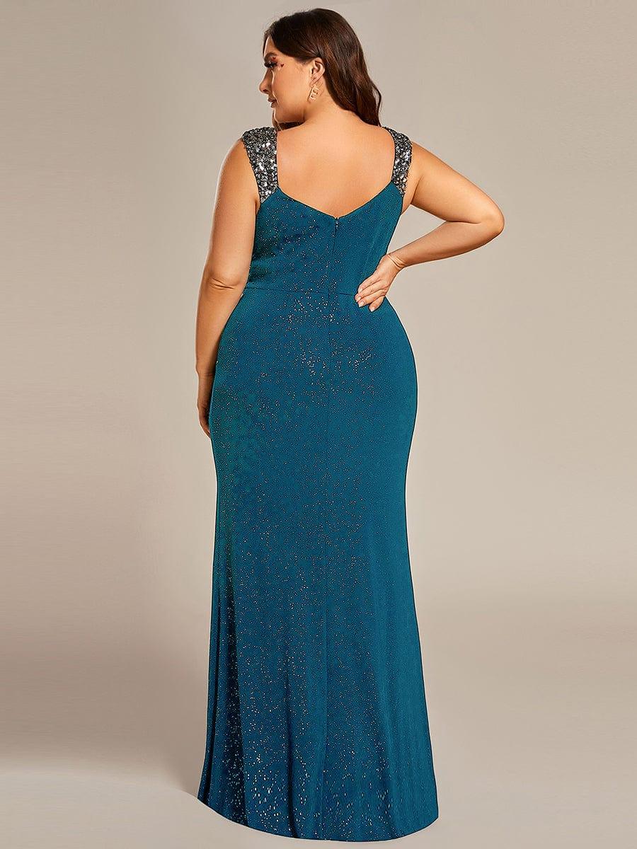 Plus Size Sequin Shoulder Strap Wedding Guest Dress with Side Slit #color_Teal