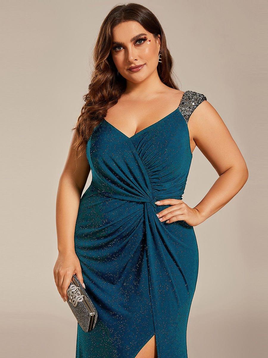 Plus Size Sequin Shoulder Strap Wedding Guest Dress with Side Slit #color_Teal