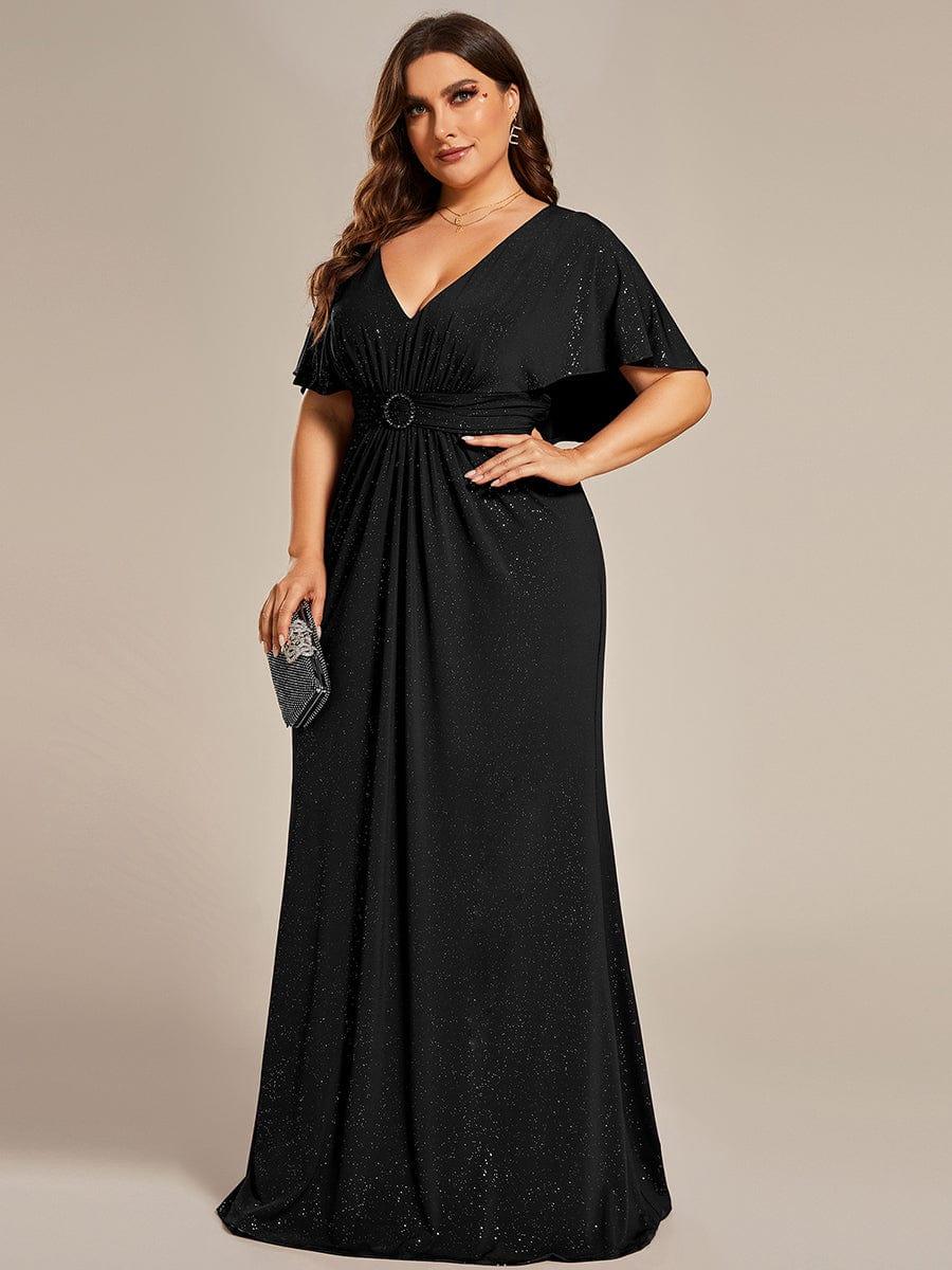 Custom Size Glitter Bat-Wing Sleeve Waist-Cinching Mermaid Formal Evening Dress #color_Black Custom Size Glitter Bat-Wing Sleeve Waist-Cinching Mermaid Formal Evening Dress