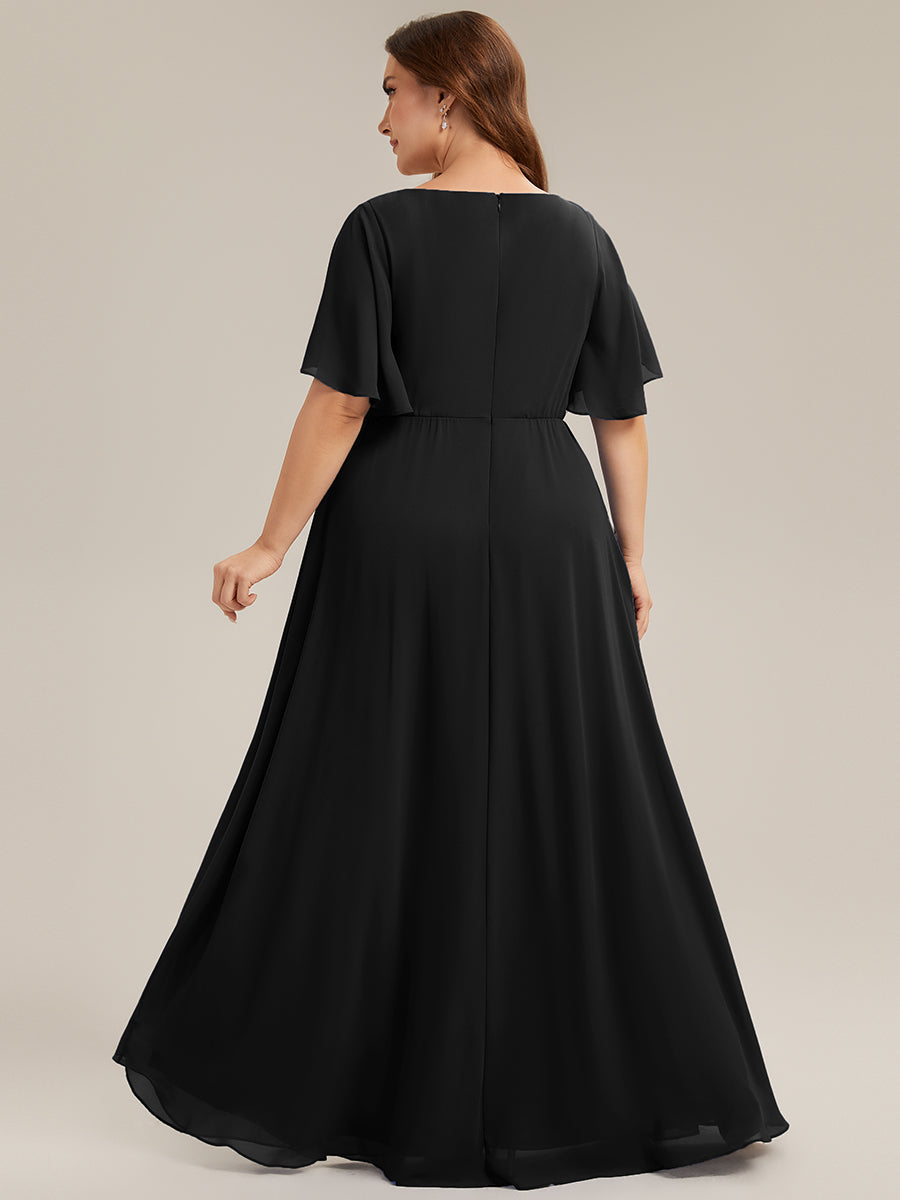 Plus Size Floral Applique Short Sleeve A-Line Chiffon Evening Dress #color_Black