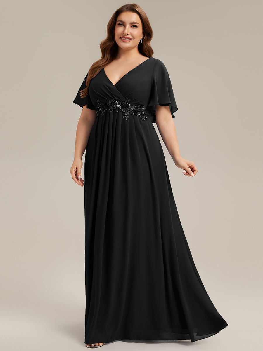Plus Size Floral Applique Short Sleeve A-Line Chiffon Evening Dress #color_Black