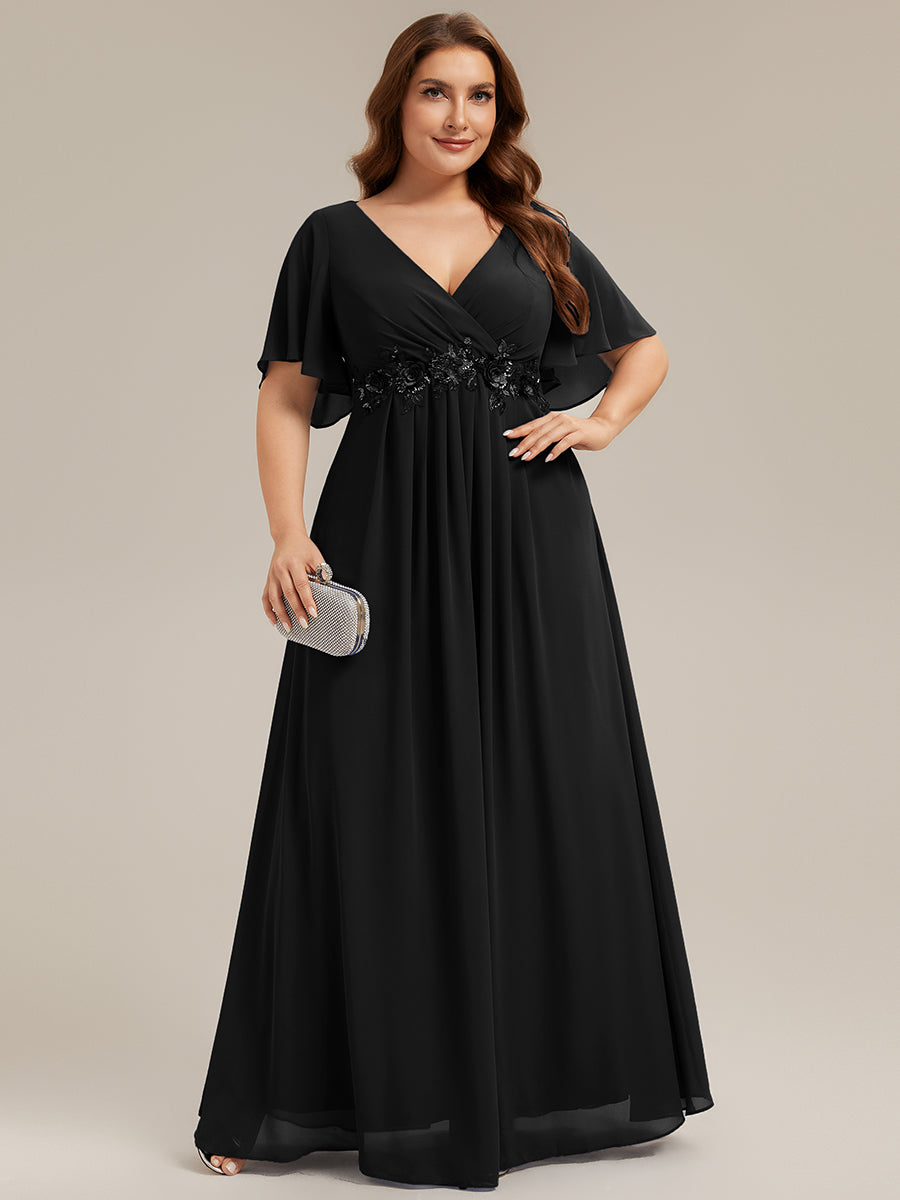 Plus Size Floral Applique Short Sleeve A-Line Chiffon Evening Dress #color_Black
