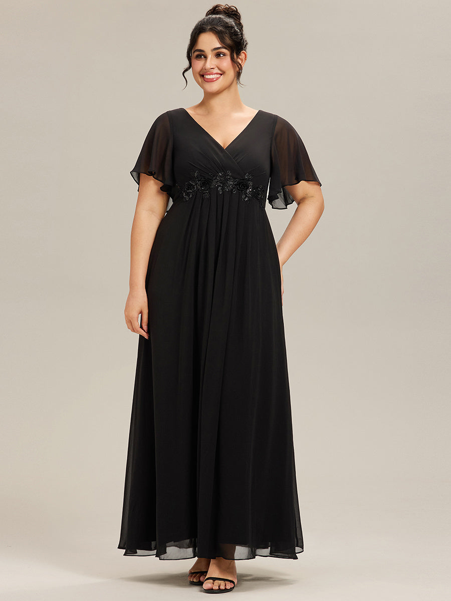Plus Size Floral Applique Short Sleeve A-Line Chiffon Evening Dress #color_Black