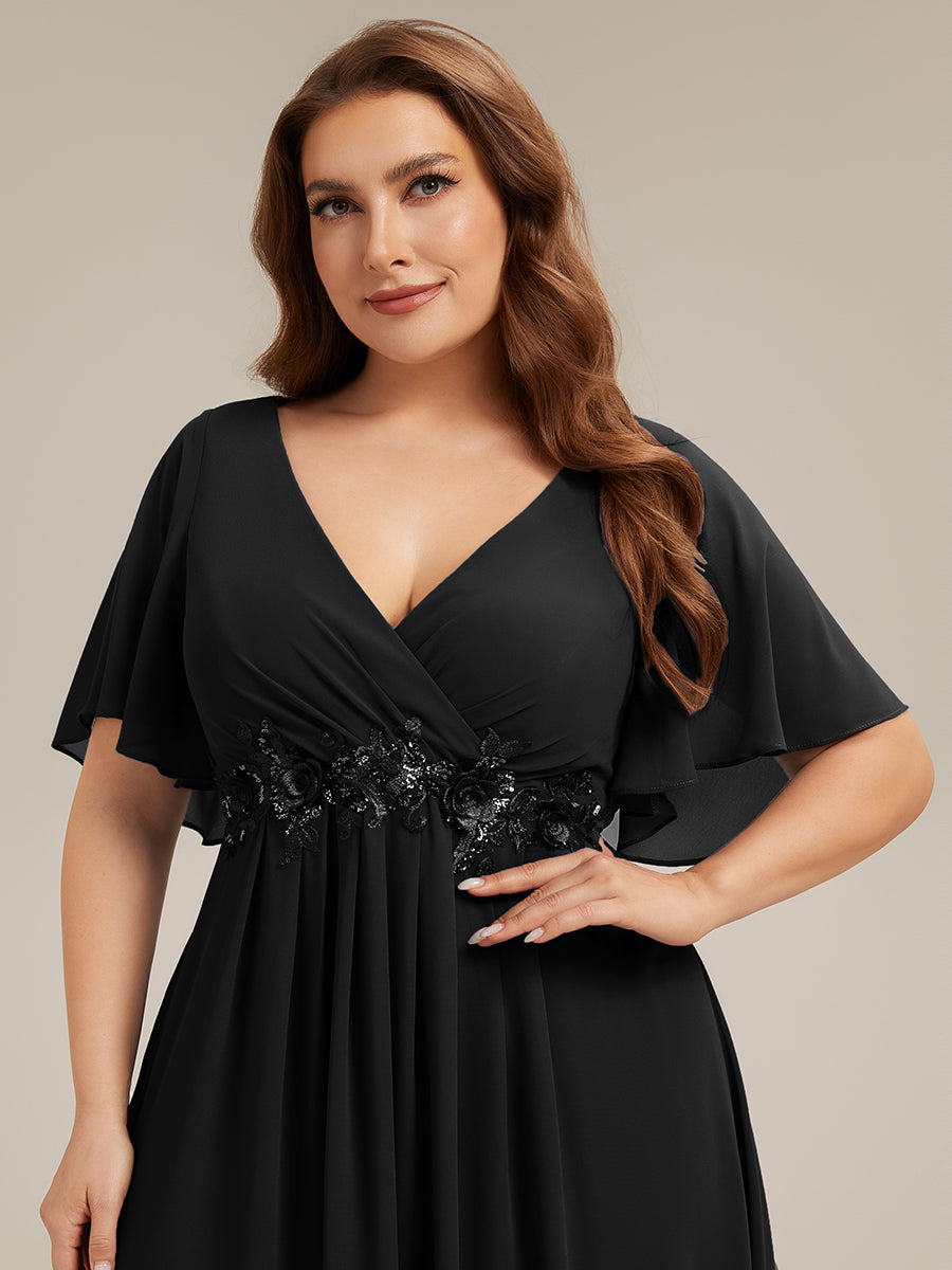 Plus Size Floral Applique Short Sleeve A-Line Chiffon Evening Dress #color_Black