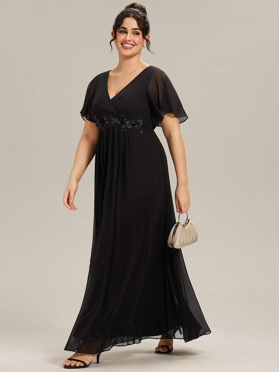 Ruffles Sleeve A-Line Chiffon Waist Applique Maxi Wedding Guest Dress #color_Black