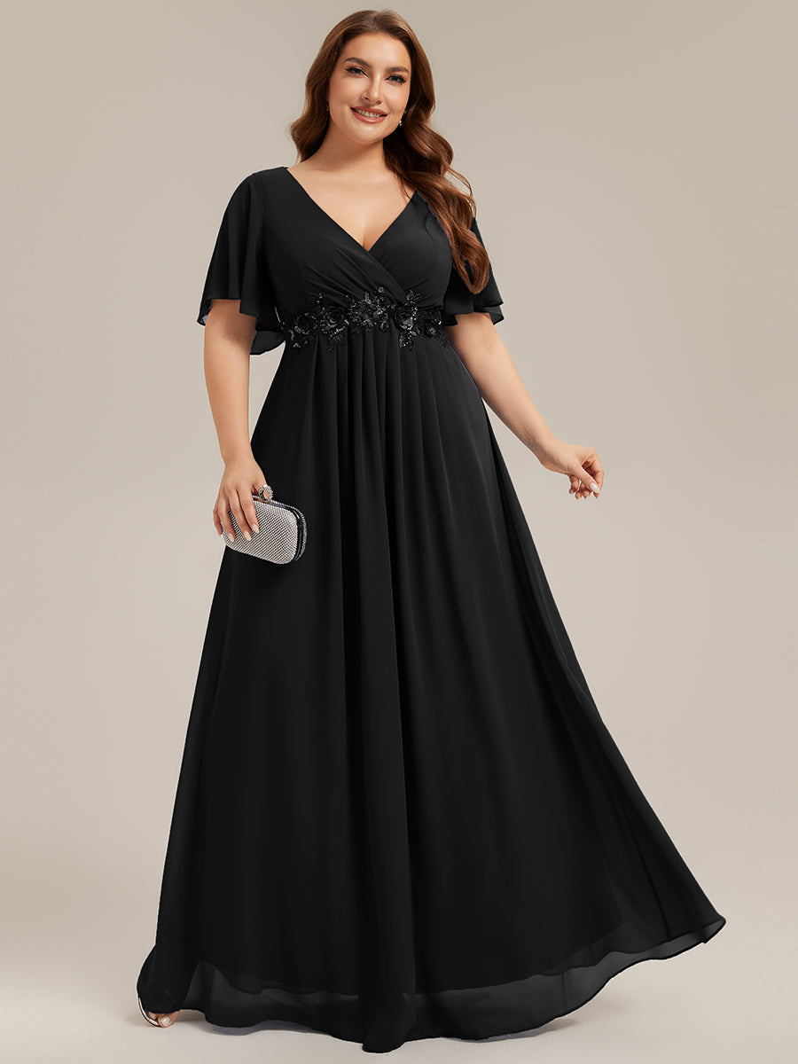 Plus Size V-Neck Chiffon Floral Applique Short Sleeve Maxi Evening