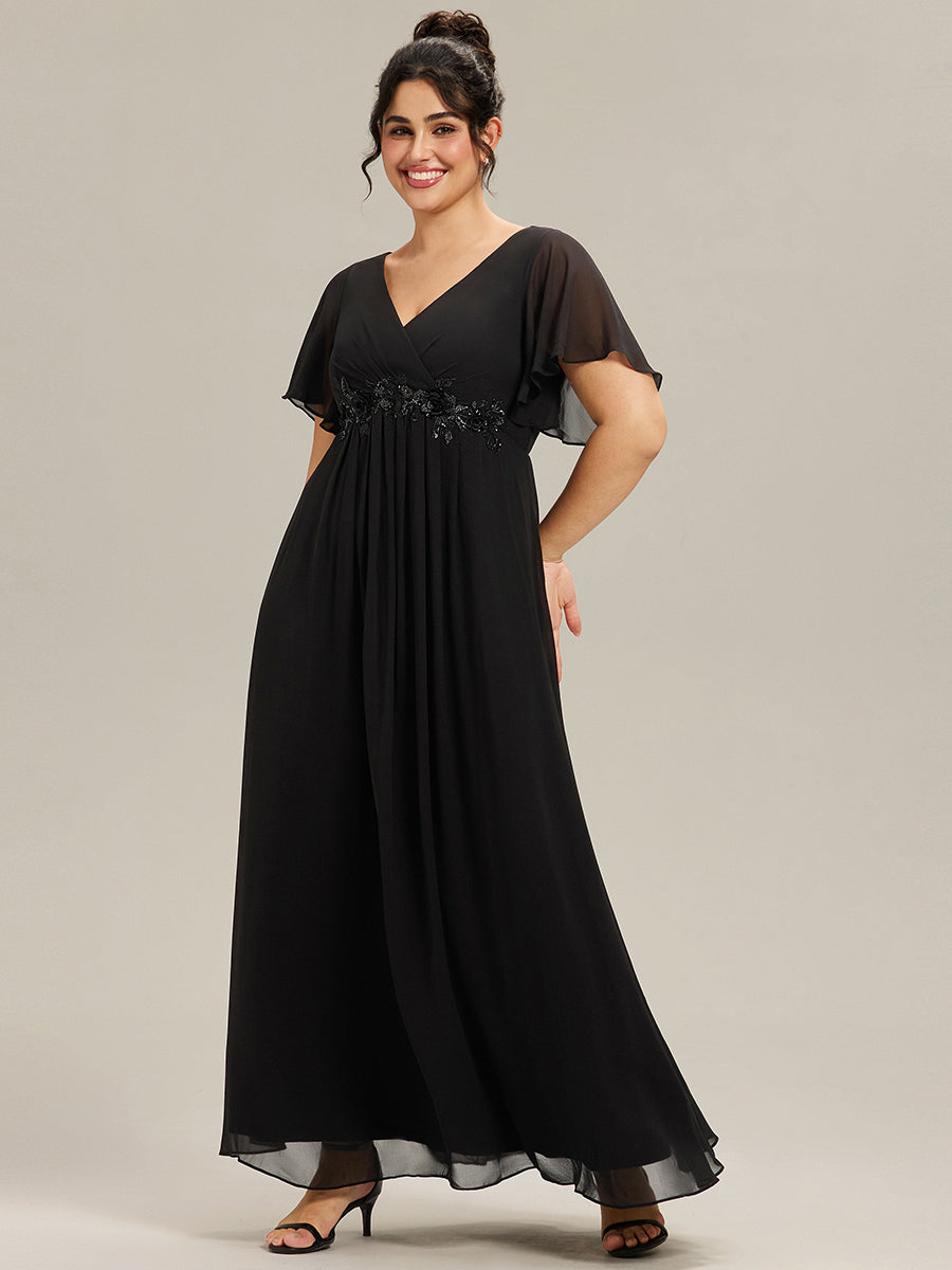 Plus Size Floral Applique Short Sleeve A-Line Chiffon Evening Dress #color_Black