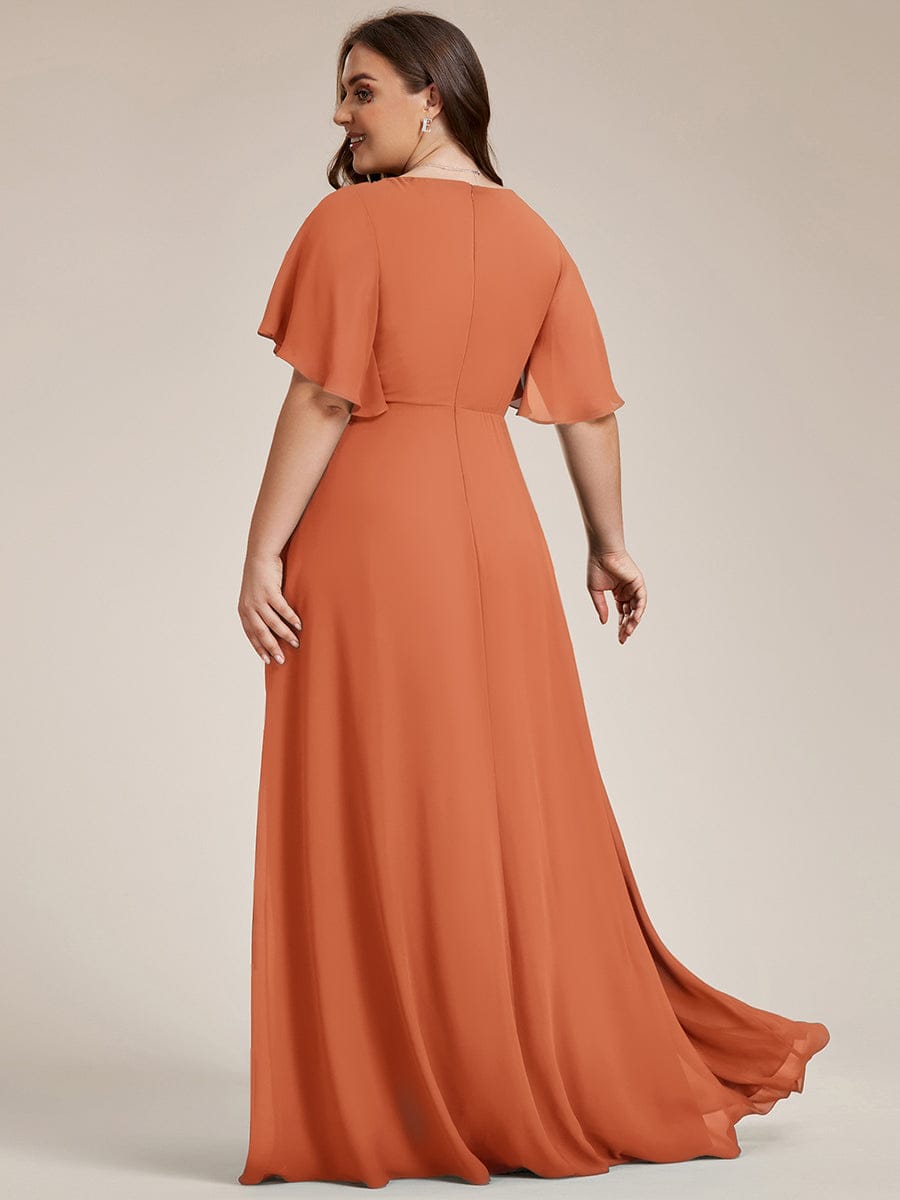 Plus Size Floral Applique Short Sleeve A-Line Chiffon Evening Dress #color_Brandied Melon