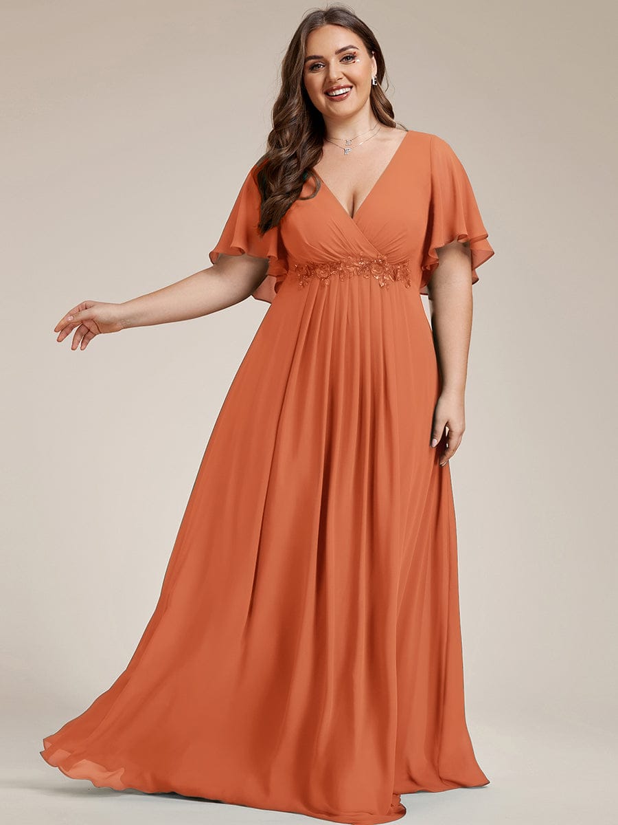 Ruffles Sleeve A-Line Chiffon Waist Applique Maxi Wedding Guest Dress #color_Brandied Melon
