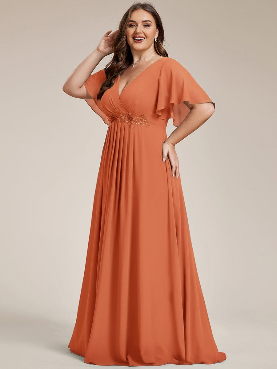 Ruffles Sleeve A-Line Chiffon Waist Applique Maxi Evening Dress #color_Brandied Melon