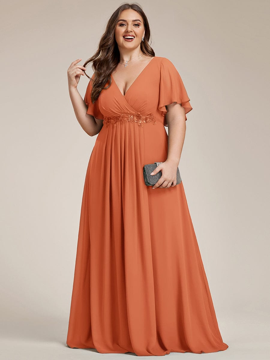Ruffles Sleeve A-Line Chiffon Waist Applique Maxi Mother of the Bride Dress #color_Brandied Melon