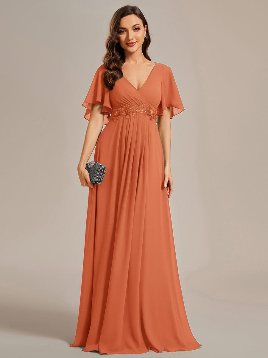 Ruffles Sleeve A-Line Chiffon Waist Applique Maxi Wedding Guest Dress #color_Brandied Melon
