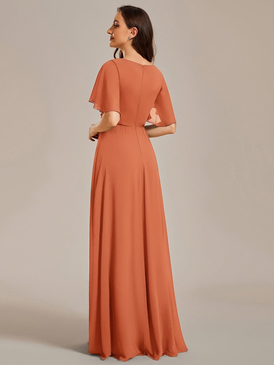 Ruffles Sleeve A-Line Chiffon Waist Applique Maxi Wedding Guest Dress #color_Brandied Melon