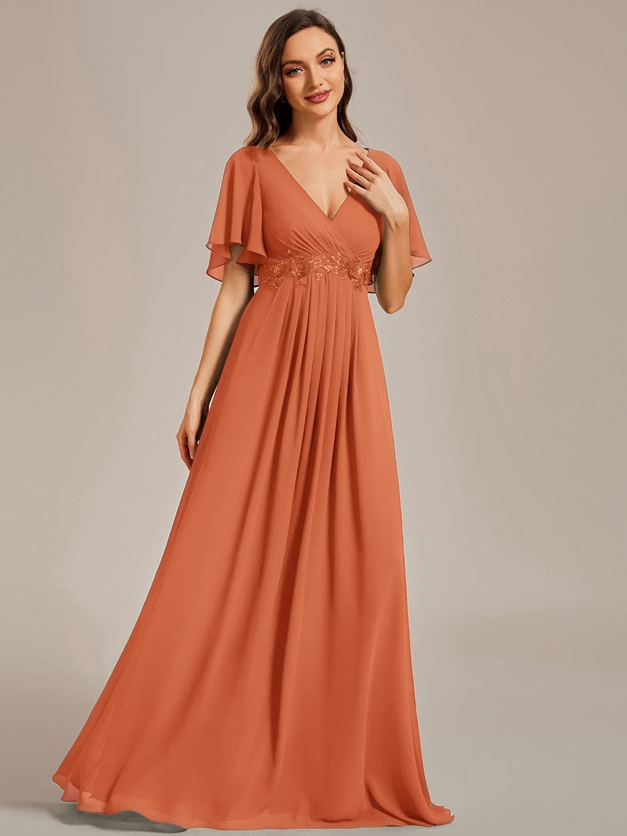 Ruffles Sleeve A-Line Chiffon Waist Applique Maxi Wedding Guest Dress #color_Brandied Melon
