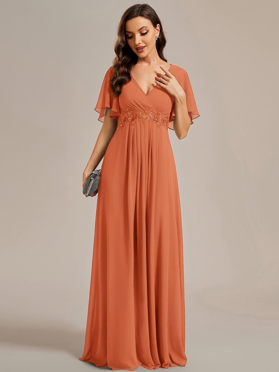 Ruffles Sleeve A-Line Chiffon Waist Applique Maxi Evening Dress #color_Brandied Melon