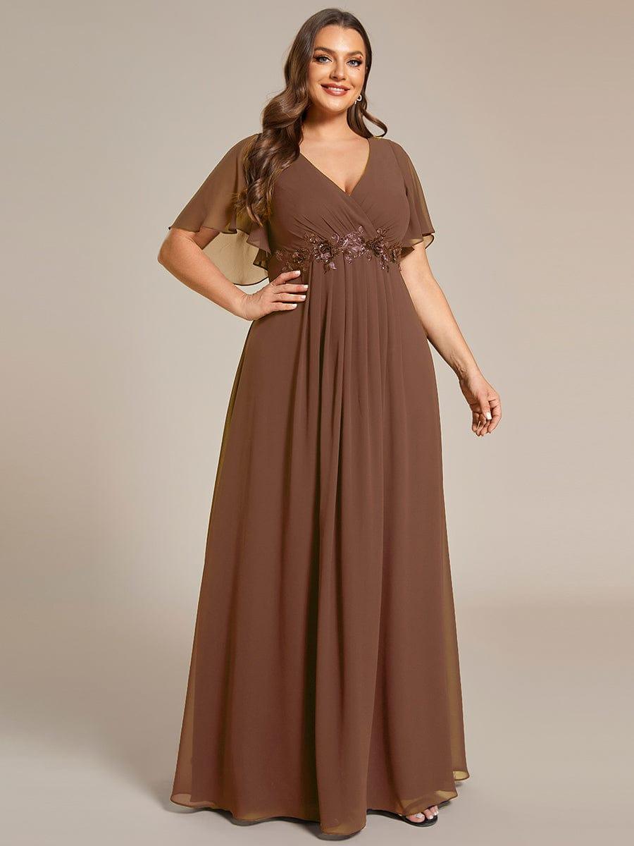 Plus Size Floral Applique Short Sleeve A-Line Chiffon Evening Dress #color_Brown