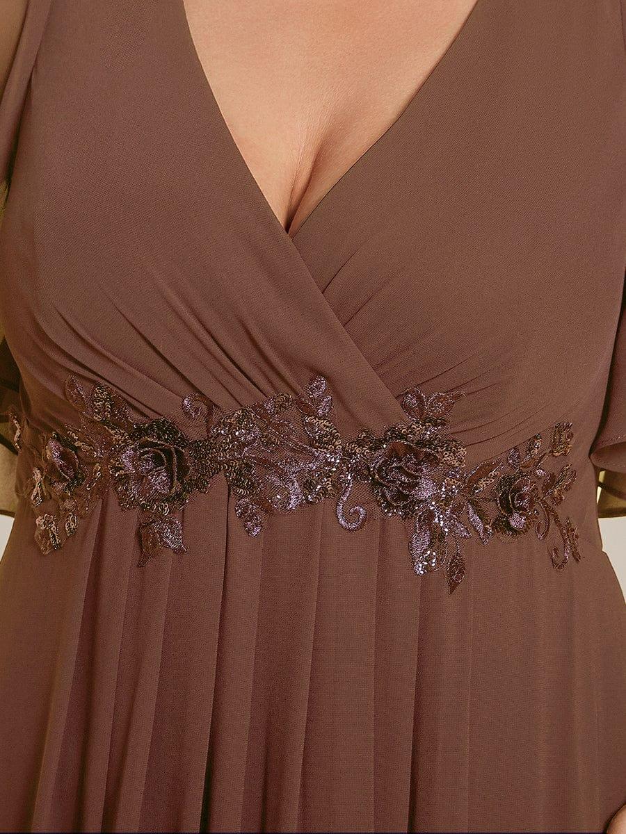 Plus Size Floral Applique Short Sleeve A-Line Chiffon Evening Dress #color_Brown