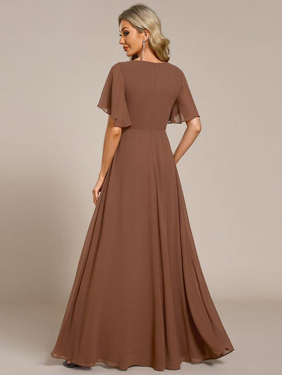 Ruffles Sleeve A-Line Chiffon Waist Applique Maxi Mother of the Bride Dress #color_Brown