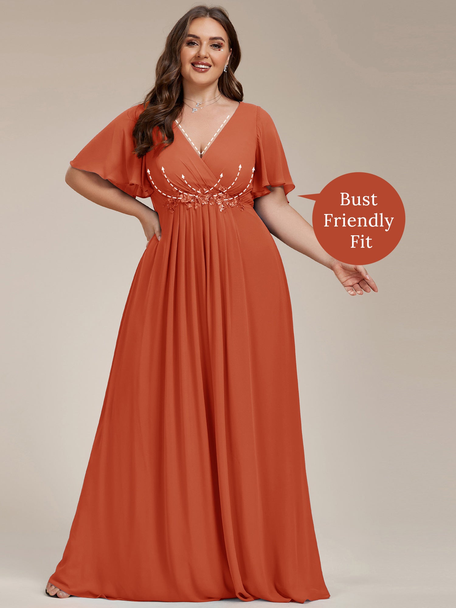 Plus Size Floral Applique Short Sleeve A-Line Chiffon Evening Dress #color_Burnt Orange