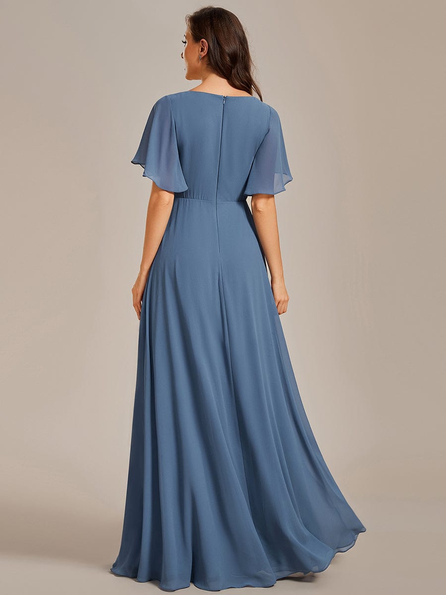 Custom Size Ruffles Sleeve A-Line Chiffon Waist Applique Maxi Evening Dress #color_Dusty Navy