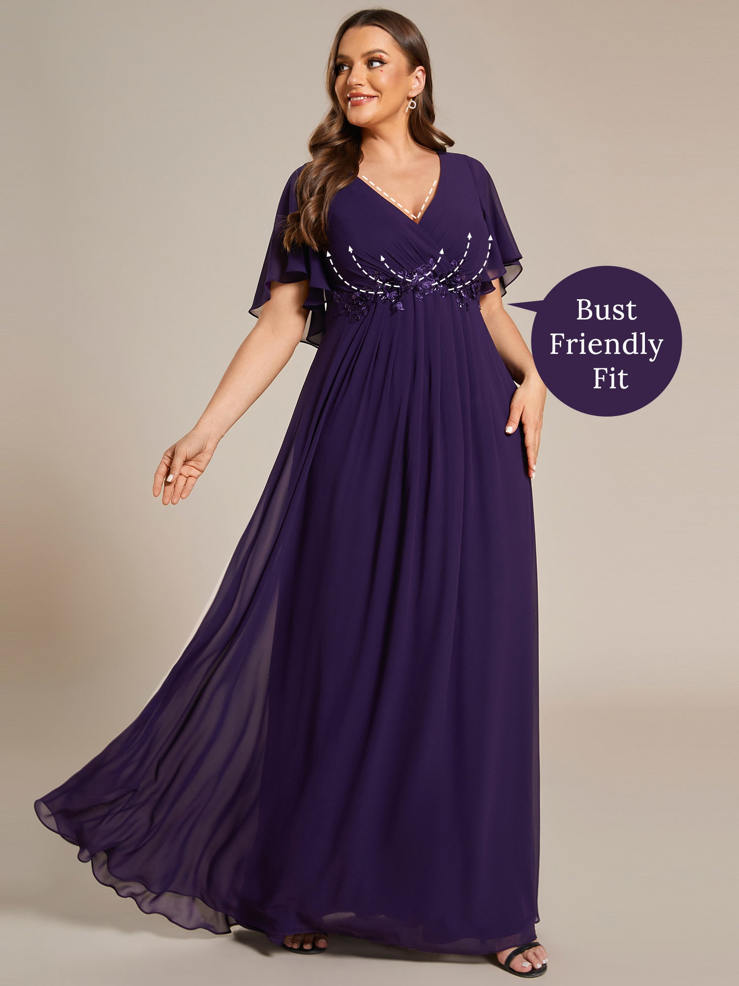 Plus Size Floral Applique Short Sleeve A-Line Chiffon Evening Dress #color_Dark Purple