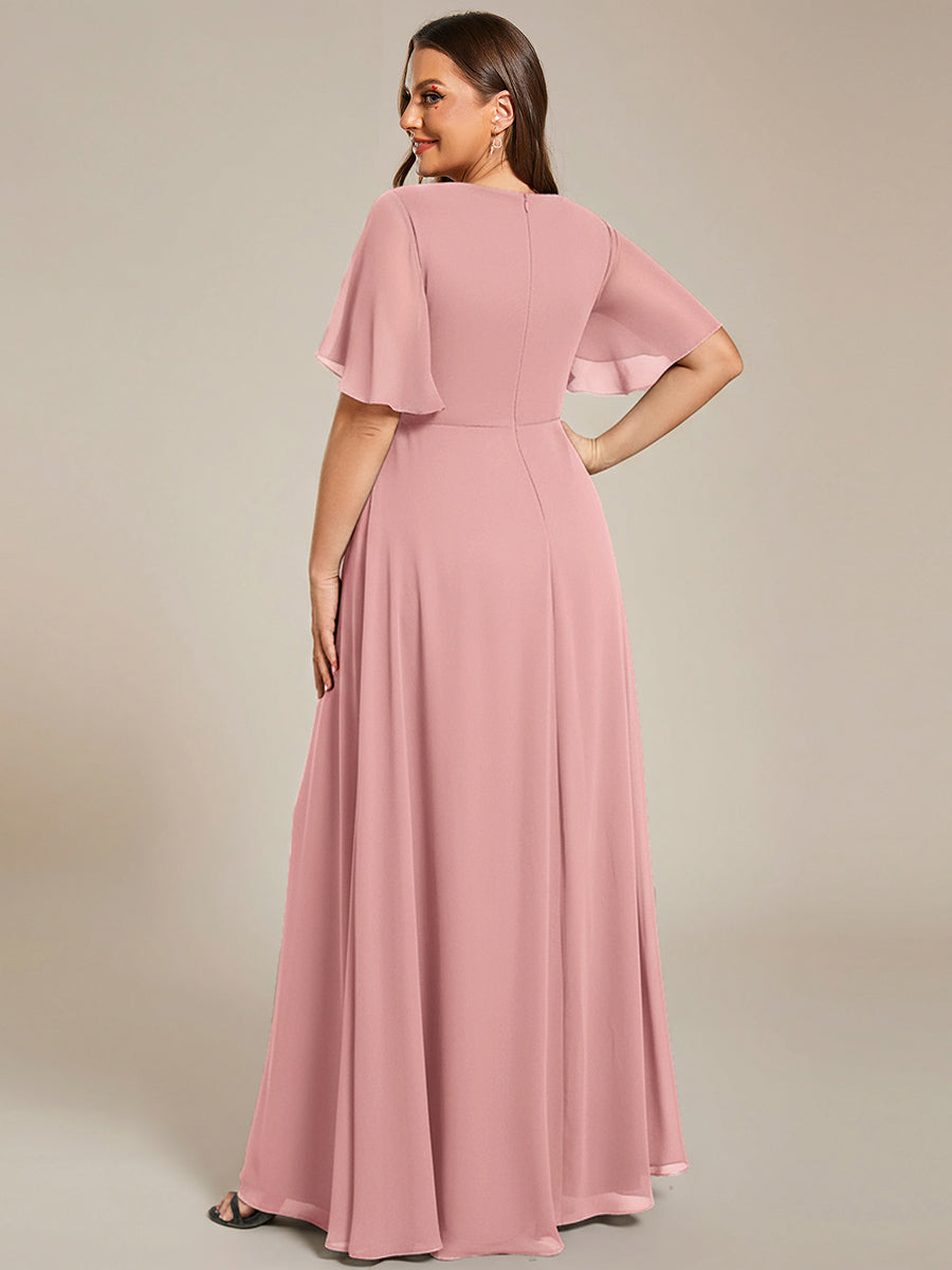 Plus Size Floral Applique Short Sleeve A-Line Chiffon Evening Dress #color_Dusty Rose