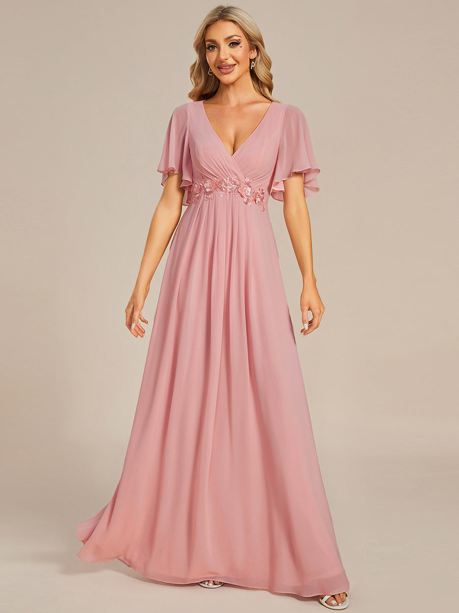 Applique Chiffon Ruffle Sleeve Evening Dress #color_Dusty Rose