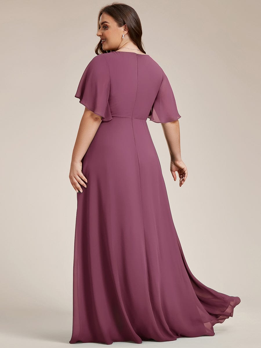 Ruffles Sleeve A-Line Chiffon Waist Applique Maxi Mother of the Bride Dress #color_Damson