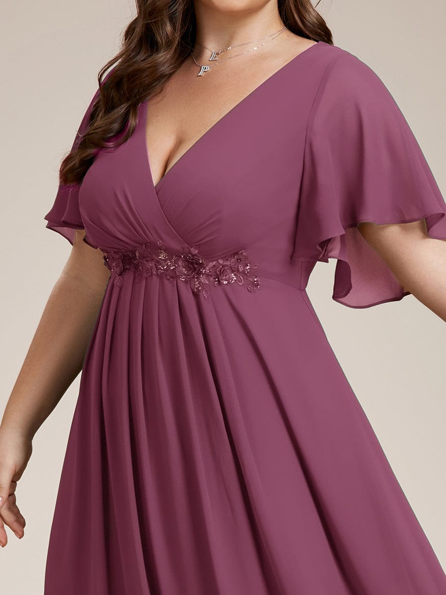 Ruffles Sleeve A-Line Chiffon Waist Applique Maxi Evening Dress #color_Damson
