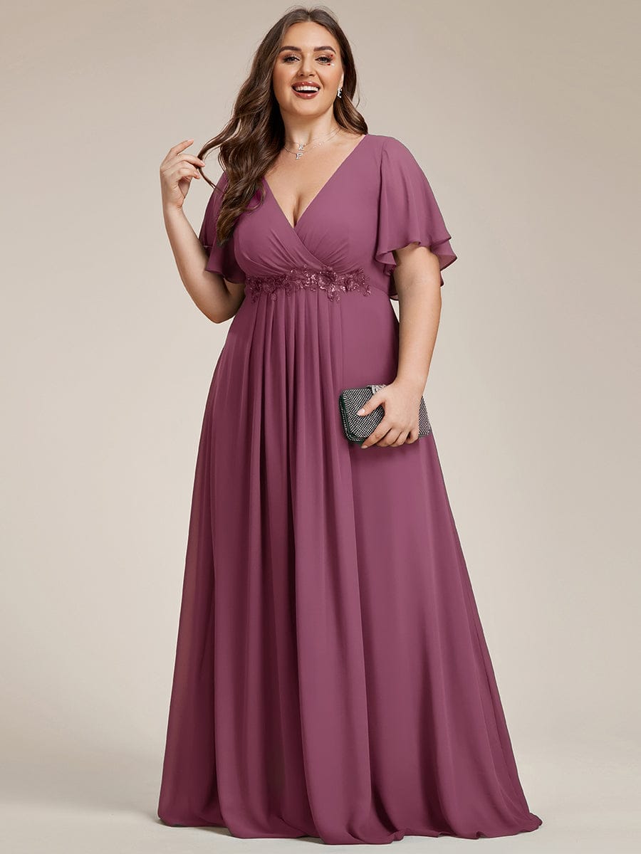 Ruffles Sleeve A-Line Chiffon Waist Applique Maxi Mother of the Bride Dress #color_Damson