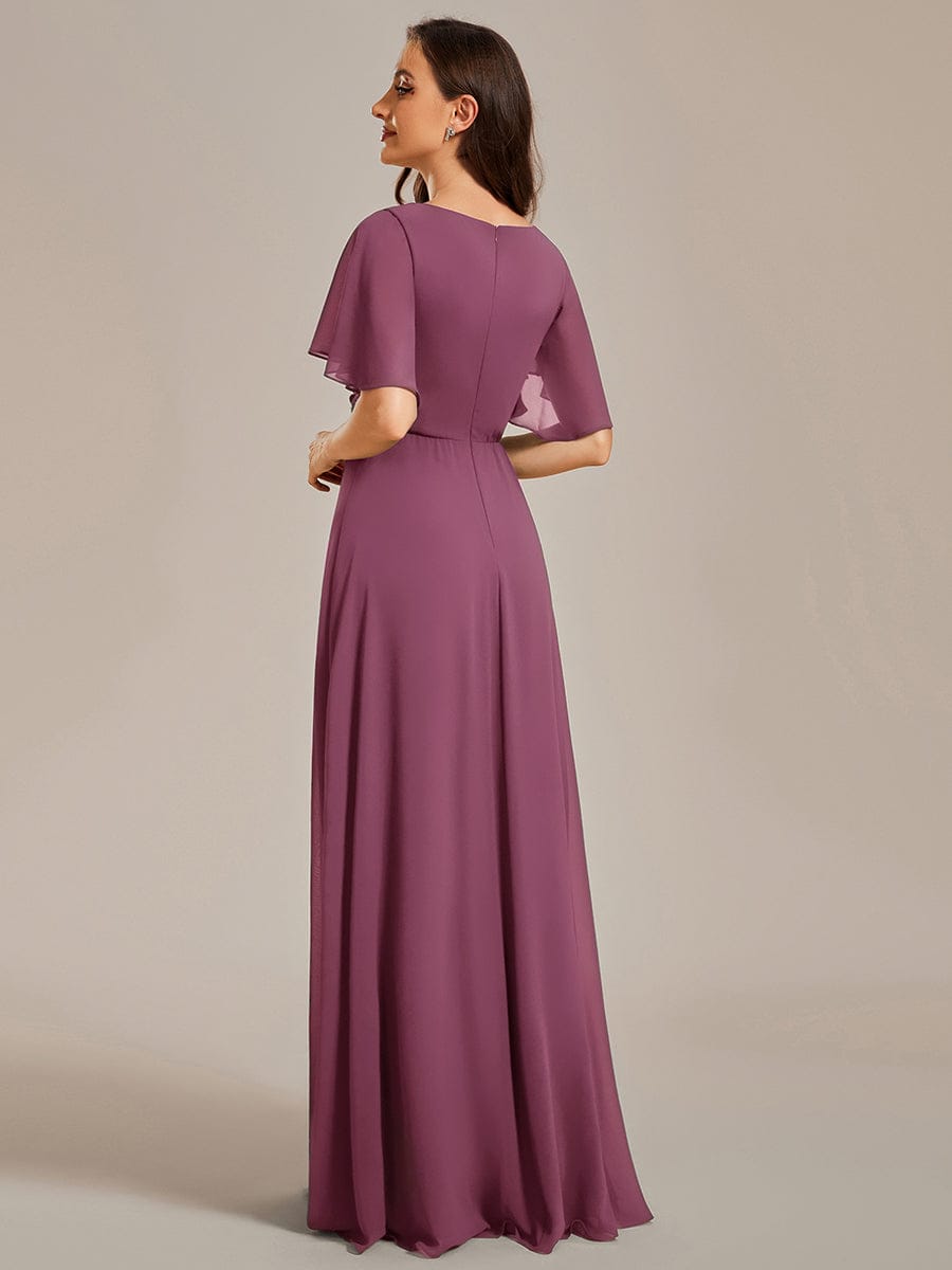 Ruffles Sleeve A-Line Chiffon Waist Applique Maxi Wedding Guest Dress #color_Damson