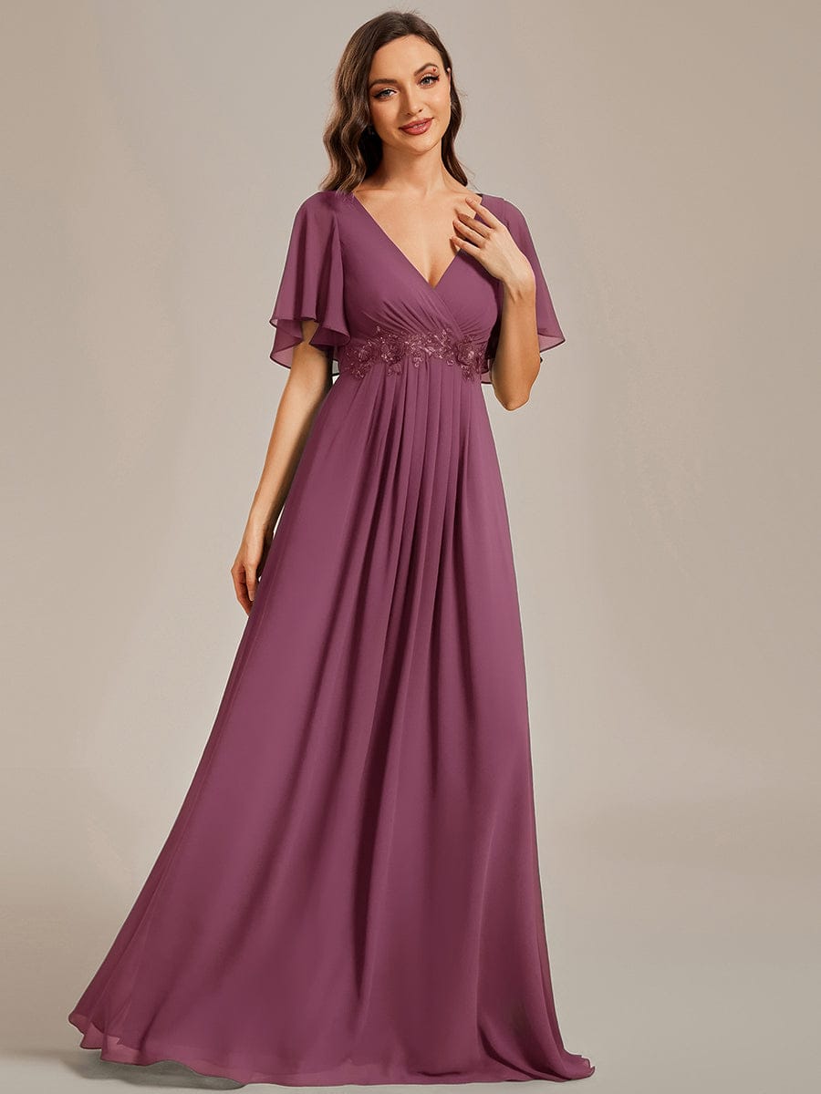 Ruffles Sleeve A-Line Chiffon Waist Applique Maxi Wedding Guest Dress #color_Damson