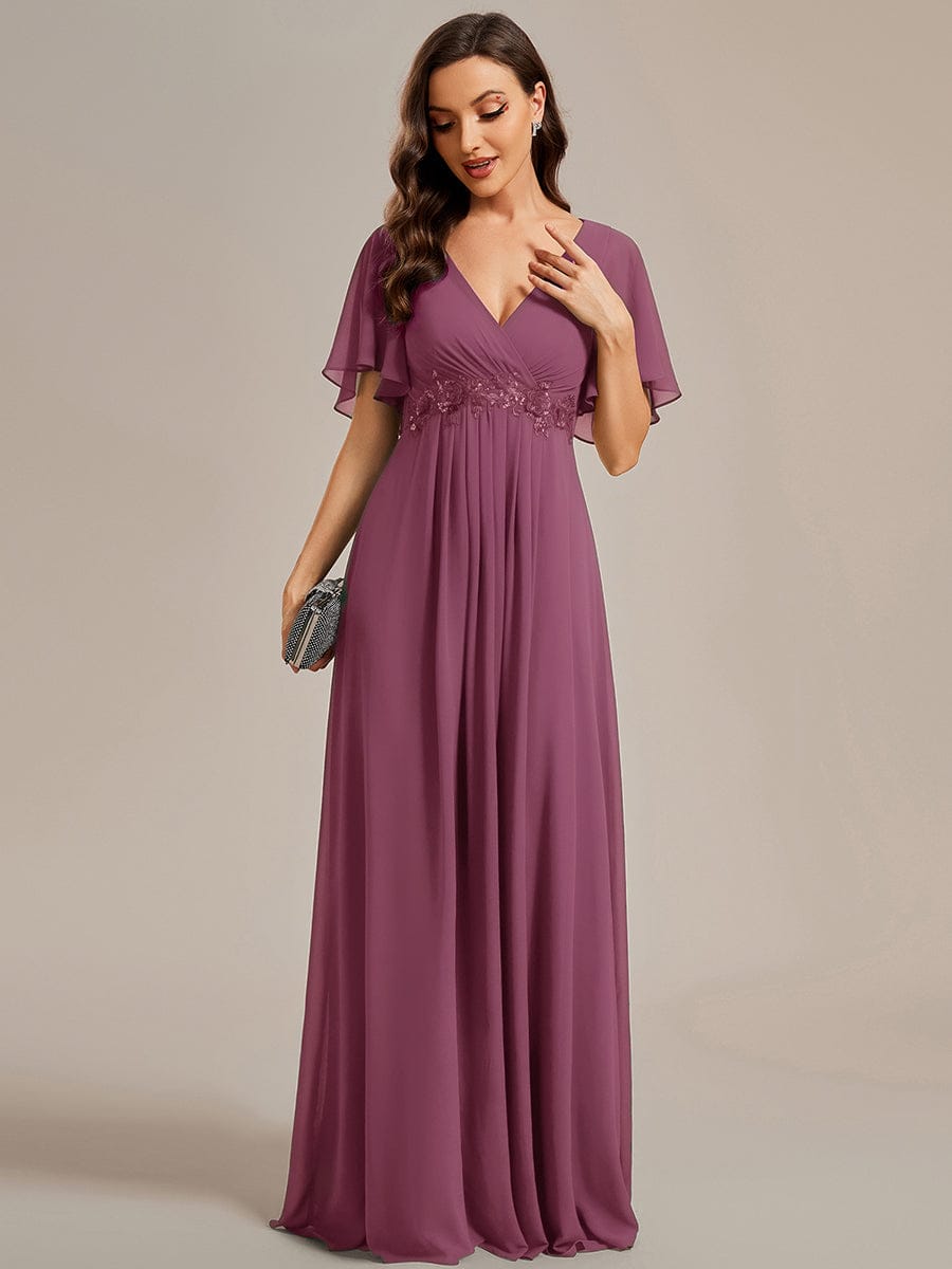 Ruffles Sleeve A-Line Chiffon Waist Applique Maxi Evening Dress #color_Damson