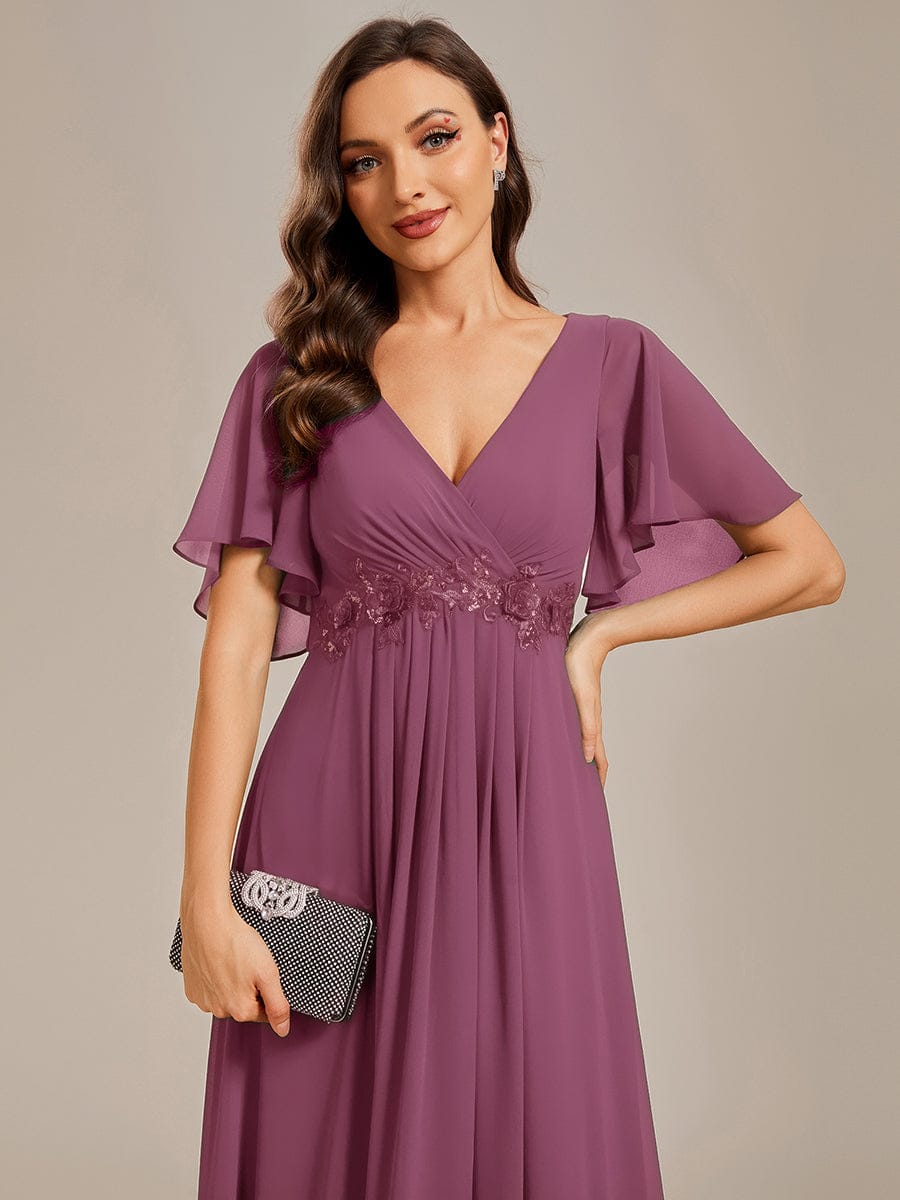 Ruffles Sleeve A-Line Chiffon Waist Applique Maxi Wedding Guest Dress #color_Damson