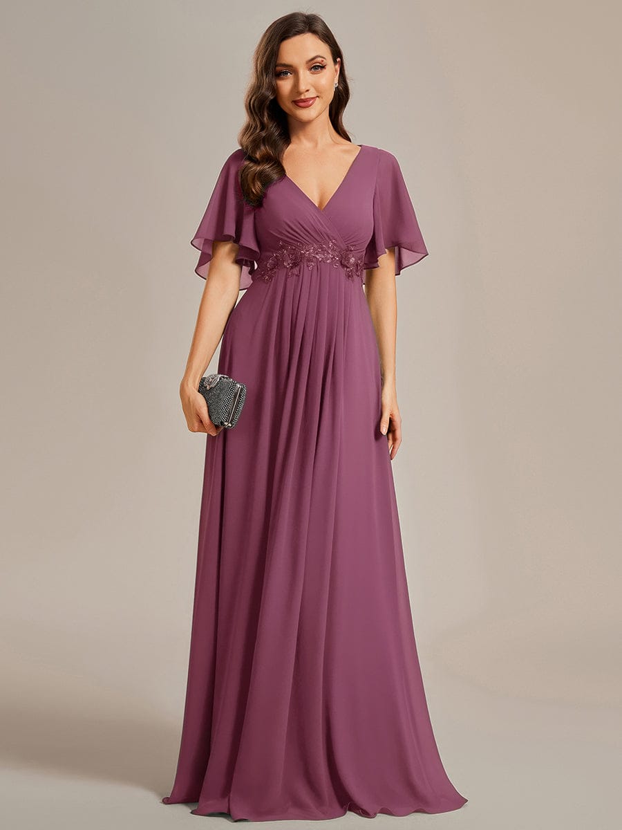 Ruffles Sleeve A-Line Chiffon Waist Applique Maxi Mother of the Bride Dress #color_Damson