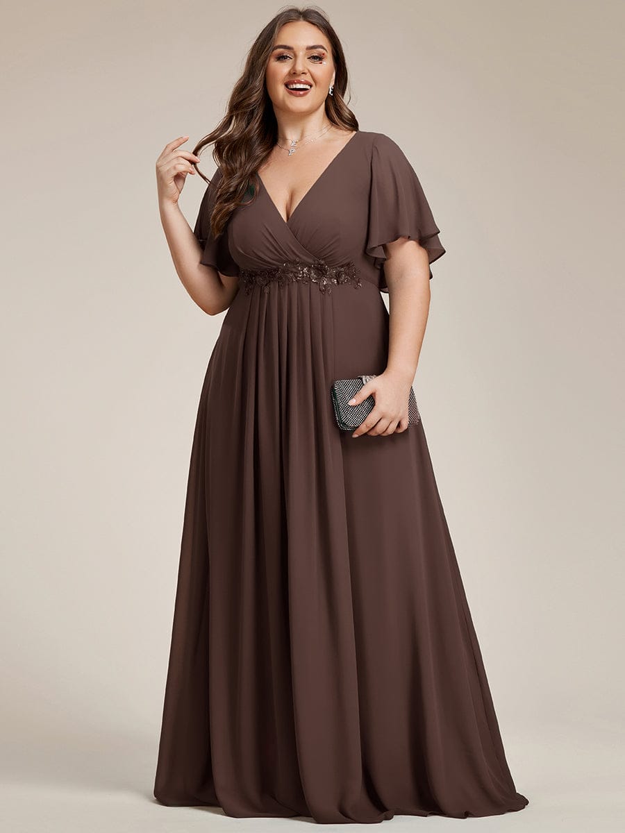 Ruffles Sleeve A-Line Chiffon Waist Applique Maxi Wedding Guest Dress #color_Espresso