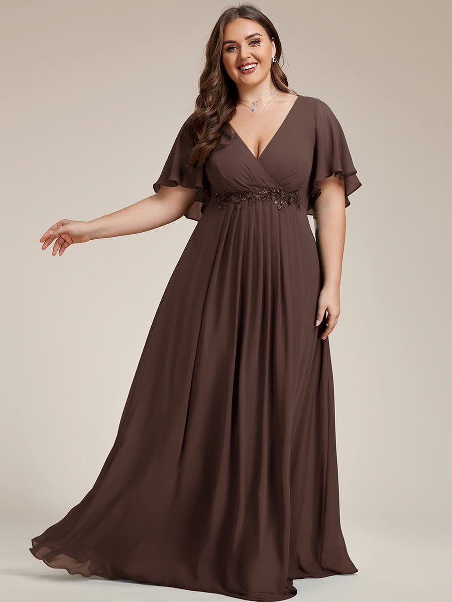 Ruffles Sleeve A-Line Chiffon Waist Applique Maxi Evening Dress #color_Espresso
