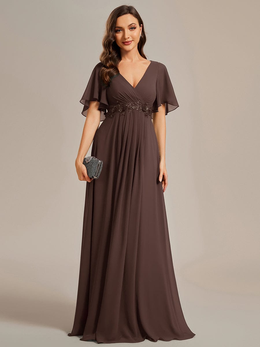 Ruffles Sleeve A-Line Chiffon Waist Applique Maxi Wedding Guest Dress #color_Espresso