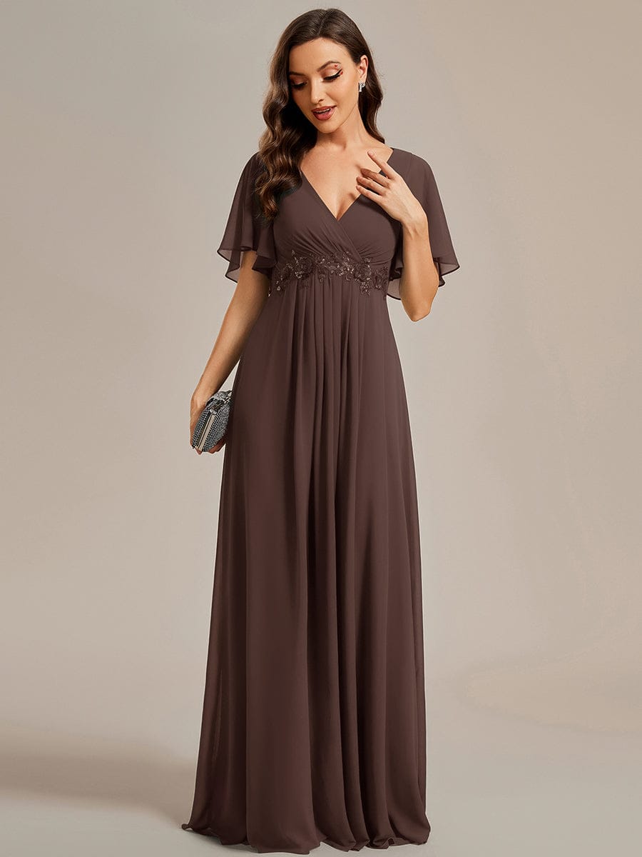 Ruffles Sleeve A-Line Chiffon Waist Applique Maxi Wedding Guest Dress #color_Espresso
