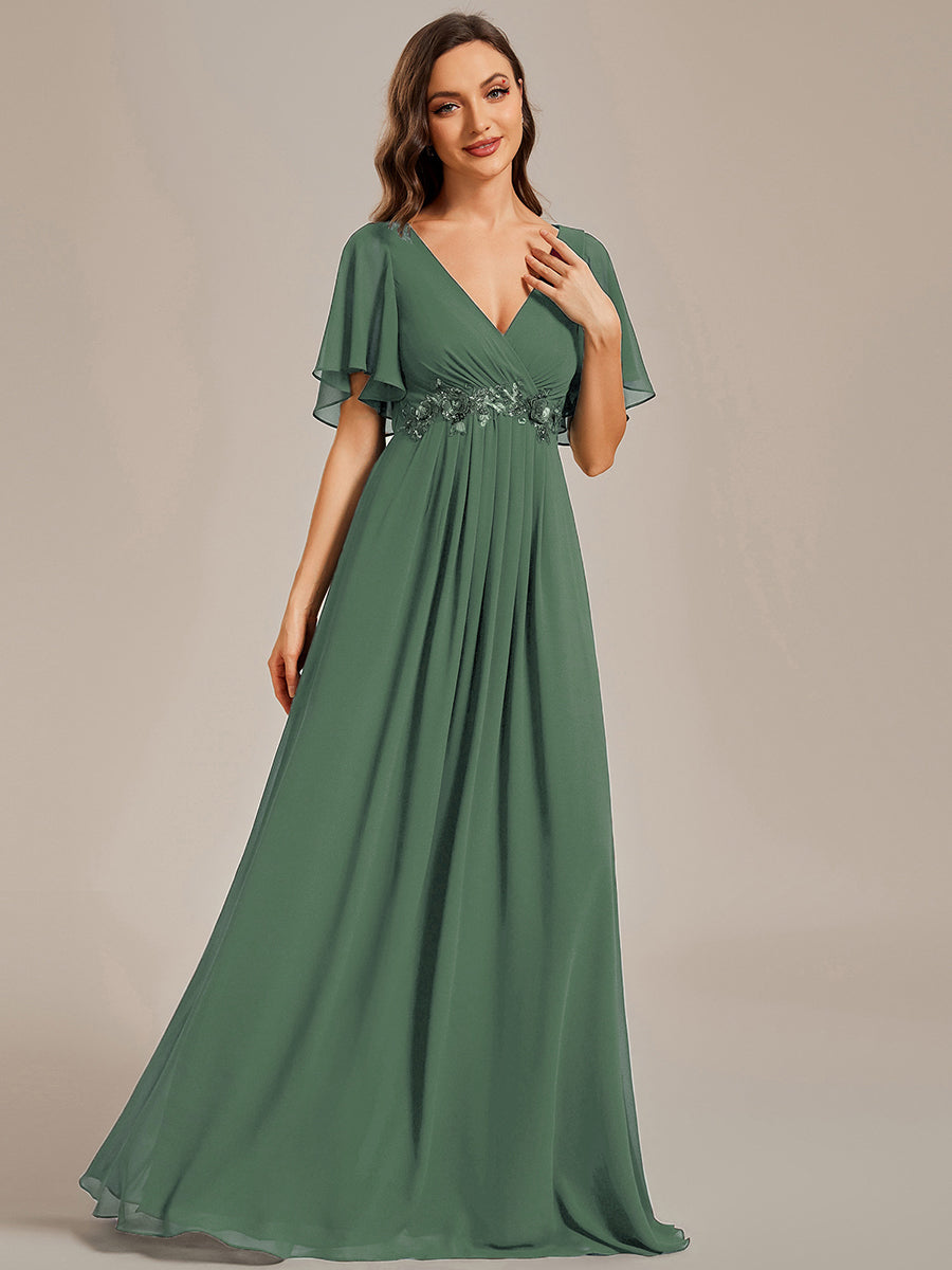 Ruffles Sleeve A-Line Chiffon Waist Applique Maxi Evening Dress #color_Eucalyptus