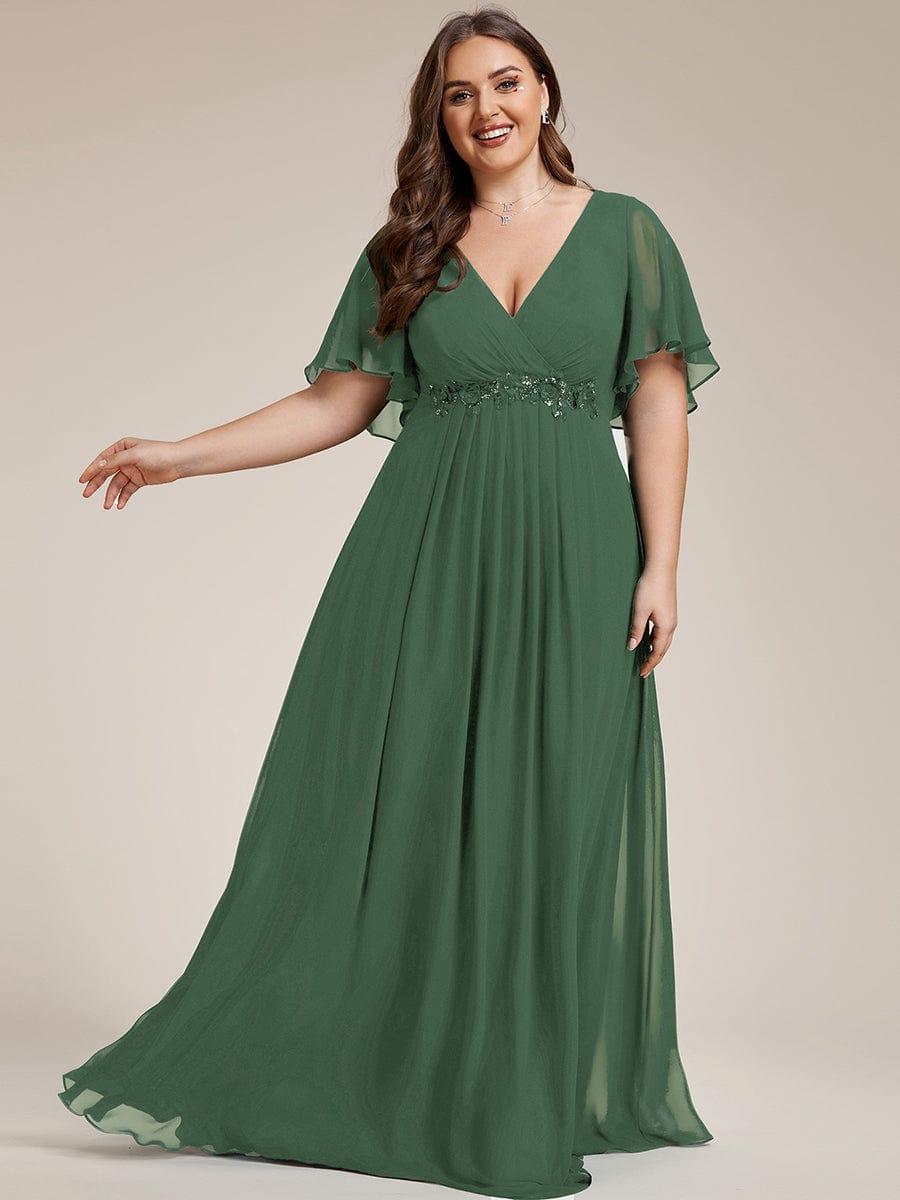 Plus Size Floral Applique Short Sleeve A-Line Chiffon Evening Dress #color_Eucalyptus