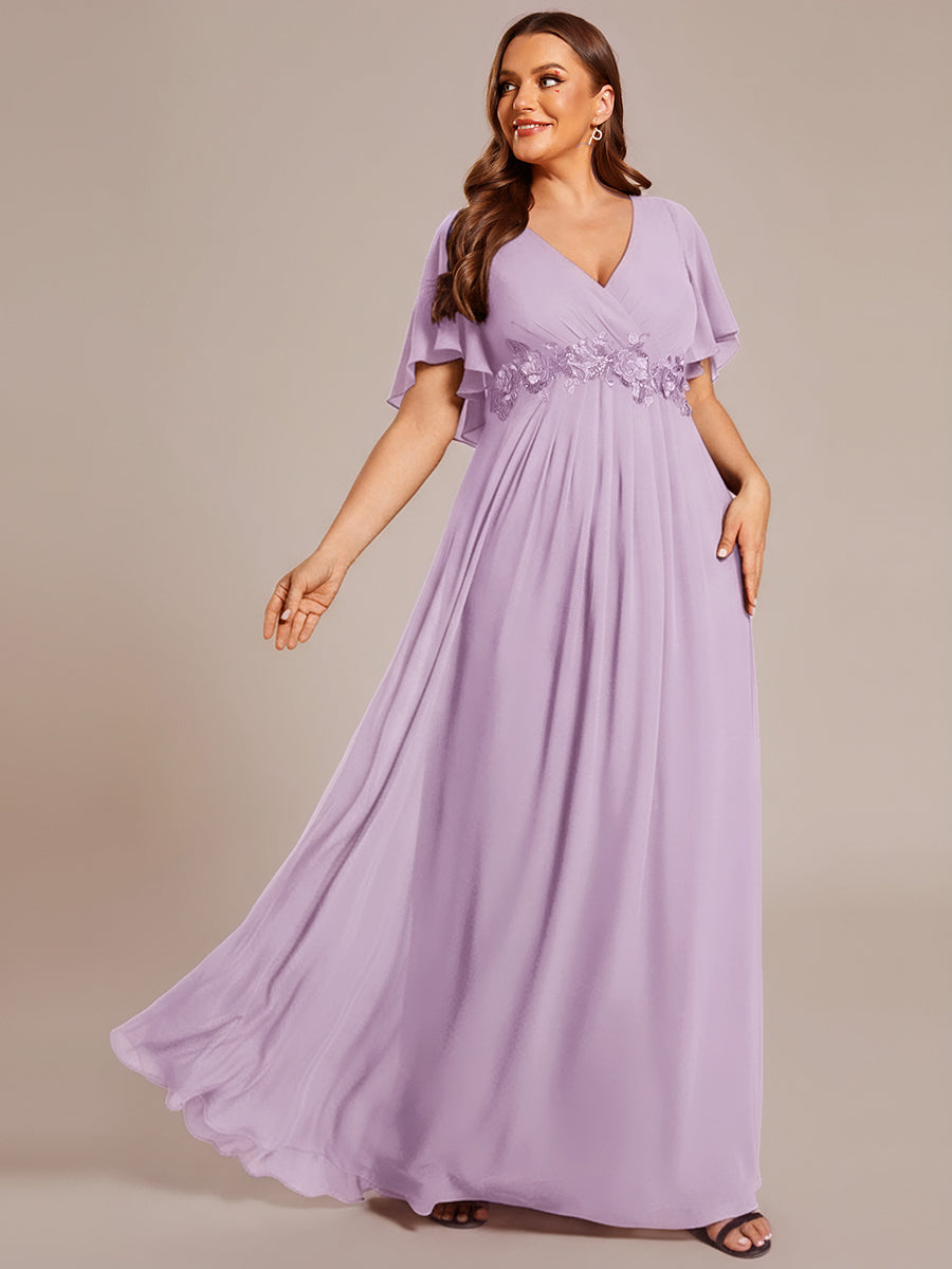 Ruffles Sleeve A-Line Chiffon Waist Applique Maxi Evening Dress #color_Frosted Lilac