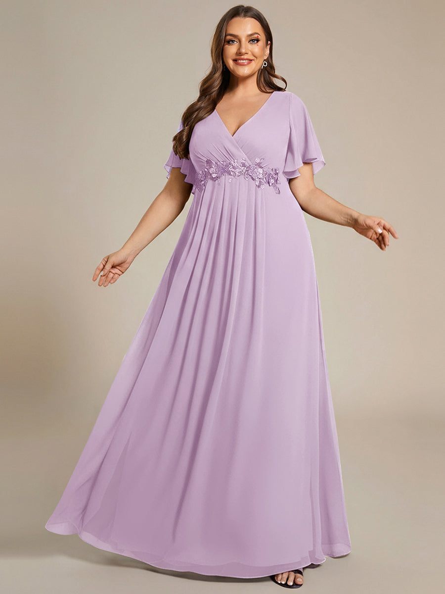 Ruffles Sleeve A-Line Chiffon Waist Applique Maxi Evening Dress #color_Frosted Lilac